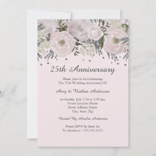 Invitation Jolis Blush Pink Silver Floral 25e anniversaire