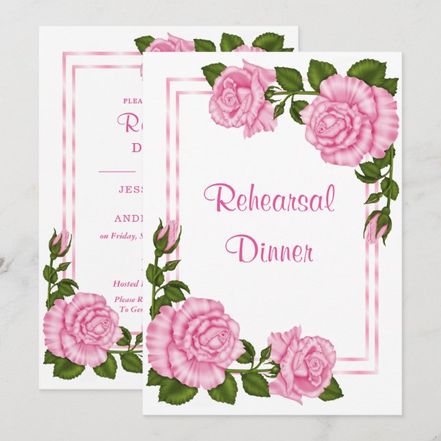 Invitation Jolis bouquets d'angle roses pour dîner de répétit (Devant / Derrière)