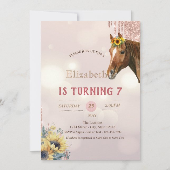 Invitation Jolis Chevaux Paillettes Gouttes de soleil Anniver (Devant)