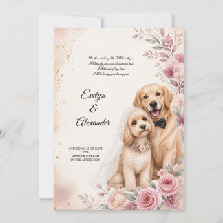 Invitation Jolis chiens de mariage aquarelle rose poudré flor
