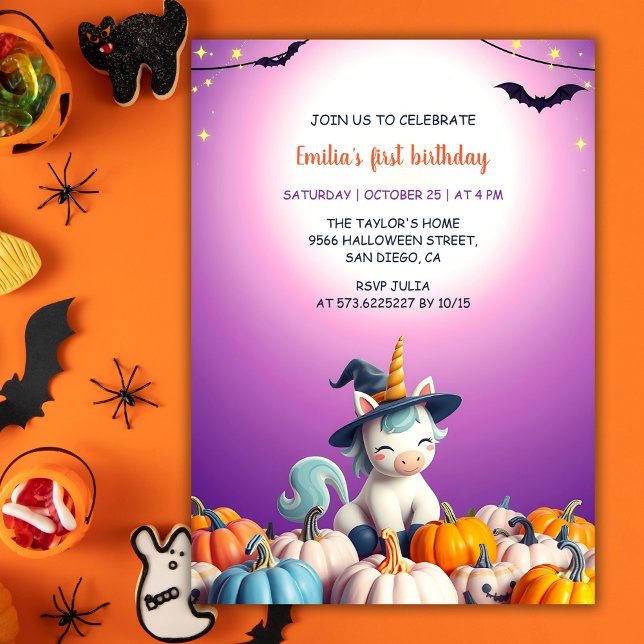 Invitation Jolis citrouilles de licorne d'Halloween Fille 1er (Halloween Unicorn First Birthday Invitation for Girls)
