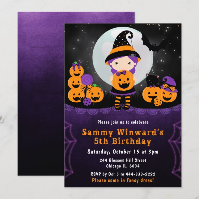 Invitation Jolis citrouilles de sorcière d'Halloween pour une (Devant / Derrière)