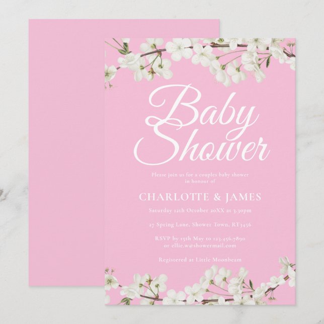 Invitation Jolis couples de fleurs blanches pour Baby Shower/ (Devant / Derrière)