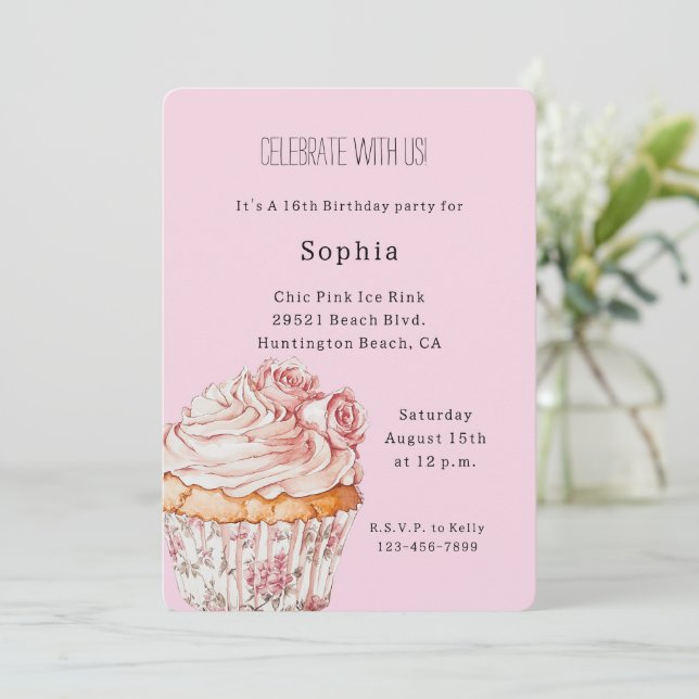 Invitation Jolis Cupcakes Fleuris de Roses Roses Roses Annive (Debout devant)