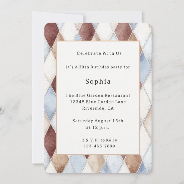 Invitation Jolis Diamants Bleus Crème Beige Marron Anniversai (Devant)