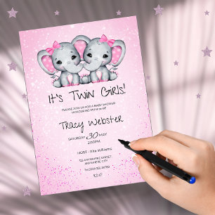 Invitation Jolis éléphants roses jumeaux Baby Shower 