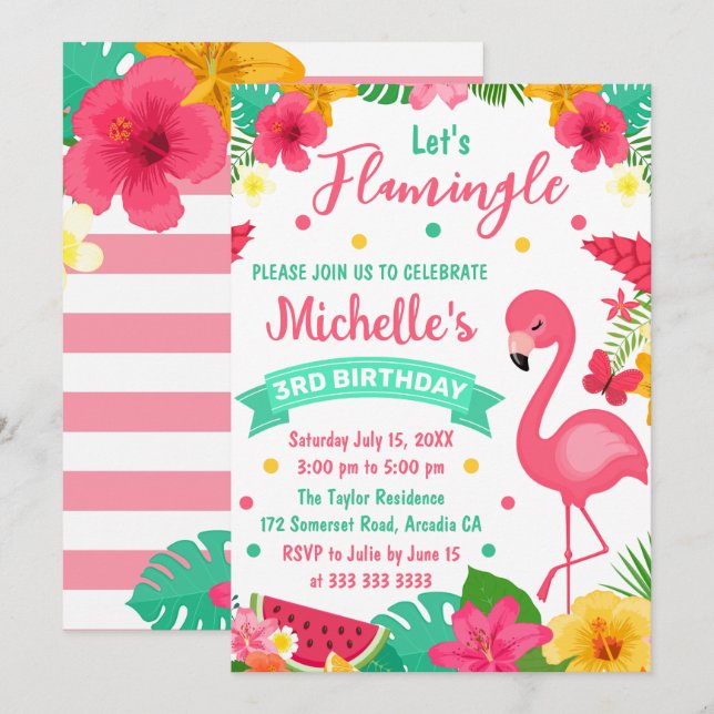 Invitation Jolis Enfants Flamant Rose Tropical Anniversaire d (Devant / Derrière)
