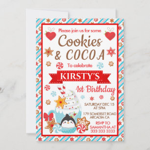 Invitation Jolis gâteaux de Noël au pingouin et anniversaire