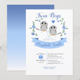 Invitation Jolis hiboux garçons jumeaux baby shower