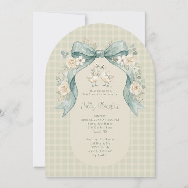 Invitation Jolis jumeaux bébés douche Sauge Gingham LPM26 (Devant)