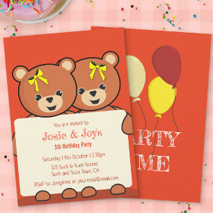 Invitation Jolis jumeaux ours en peluche ou fête d'anniversai