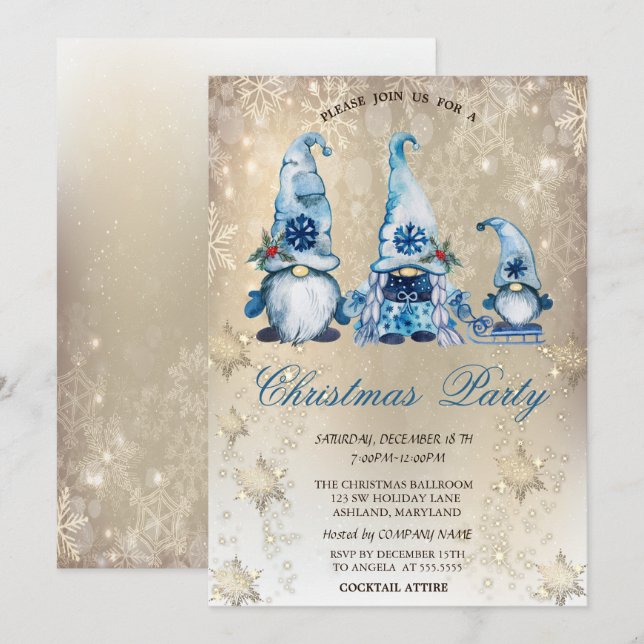 Invitation Jolis nains bleus Flocons de neige Or Fête   (Devant / Derrière)