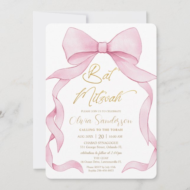 Invitation Jolis Nœuds Ruban Rose Coquette Bat Mitzvah (Devant)