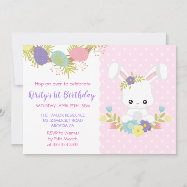 Invitation Jolis œufs de lapin de Pâques Fleurs Fête d'annive (Devant)