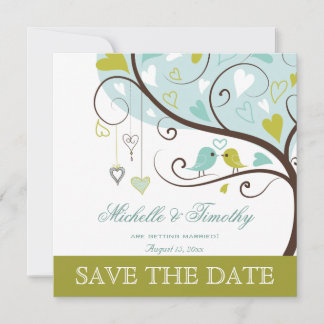 Invitation Jolis oiseaux amoureux vert et bleu cœur date de m