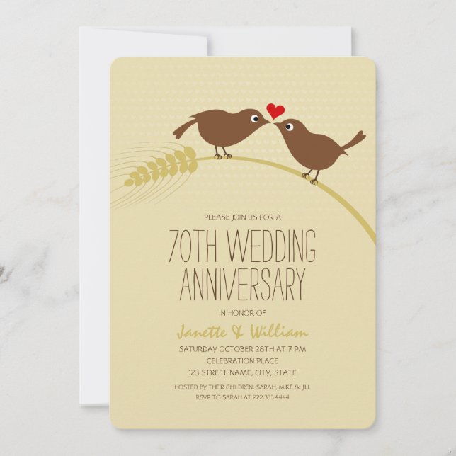 Invitation Jolis Oiseaux de l'Amour de Campagne 70e Anniversa (Devant)