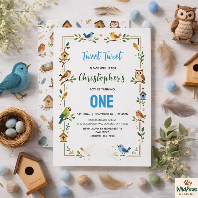 Invitation Jolis Oiseaux Fête d'anniversaire de 1 an – Enfant (Cute Birds 1st Birthday Party – Fun Kids Invitation
)