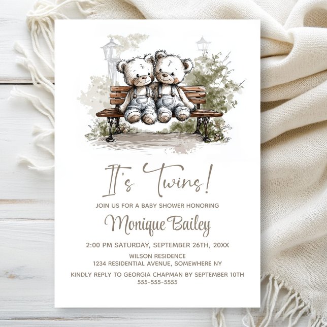 Invitation Jolis Oursons Jumeaux Baby Shower (Créateur téléchargé)