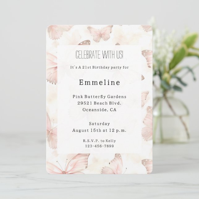 Invitation Jolis papillons roses Anniversaire   (Debout devant)