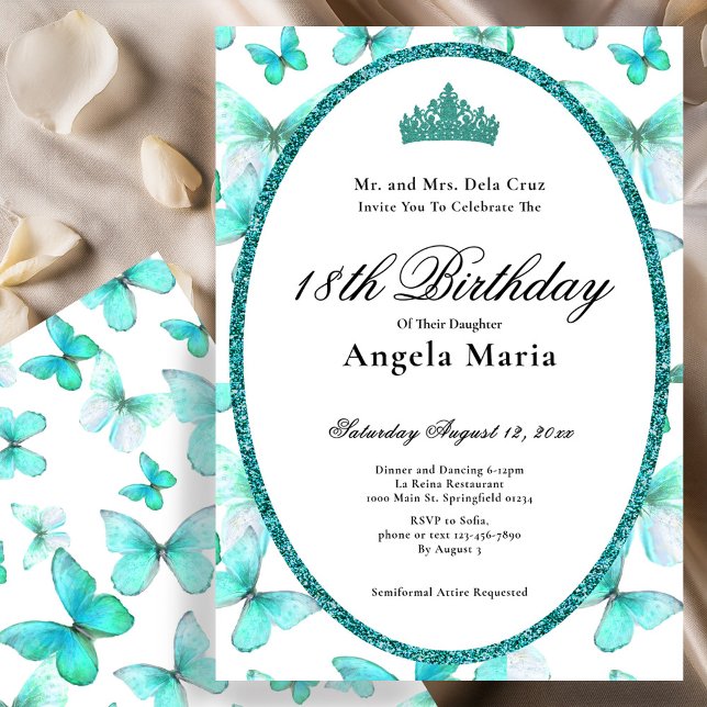 Invitation Jolis Papillons Sarcelle Début 18e Anniversaire (Créateur téléchargé)