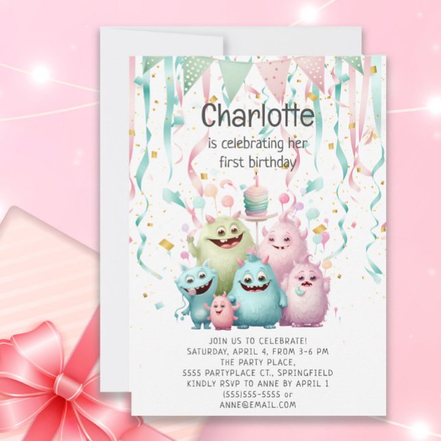 Invitation Jolis Petits Monstres 1er Anniversaire Fille (Cute pastel "Little Monsters" 1st birthday party invitation for a little girl's celebration)