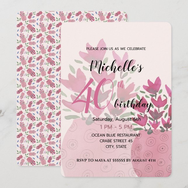 Invitation Jolis Pots de Fleurs, Aquarelle en Rose (Devant / Derrière)