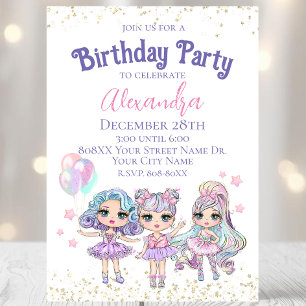 Invitation Jolis Poupées Paillettes Fille Anniversaire
