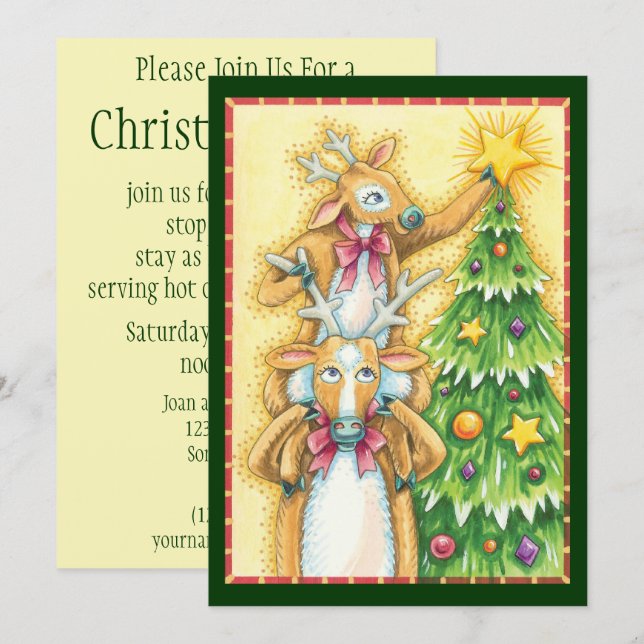 Invitation Jolis rennes de Noël avec une étoile d'arbre de No (Devant / Derrière)