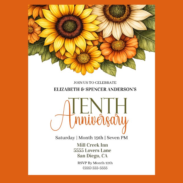Invitation Jolis tournesols 10e anniversaire  (Pretty Sunflowers 10th Wedding Anniversary Party Invitation.)