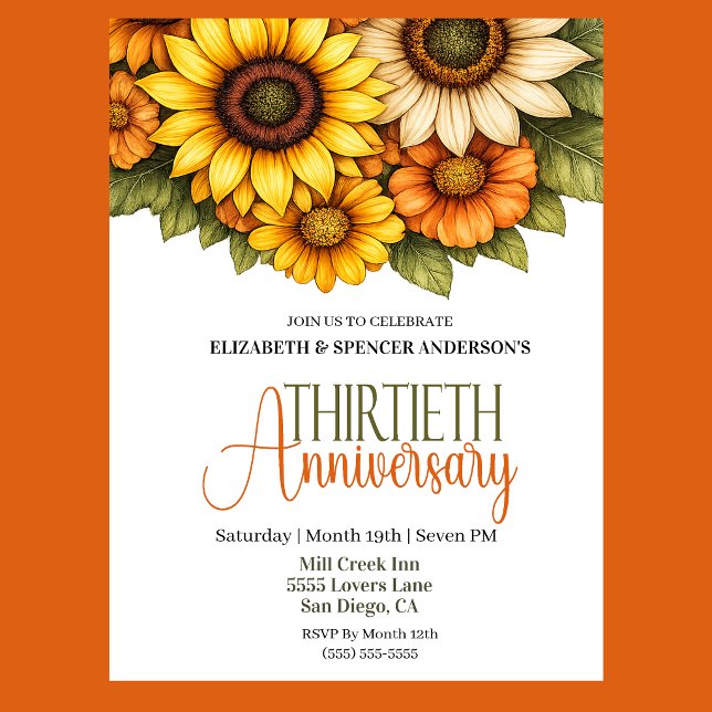 Invitation Jolis tournesols 30e anniversaire  (Pretty Sunflowers 30th Wedding Anniversary Party Invitation.)