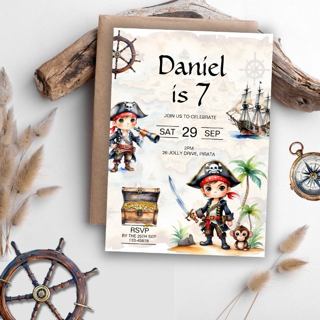 Invitation Jolly Pirates 7e fête d'anniversaire (Jolly Pirates 7th Birthday Invitation)