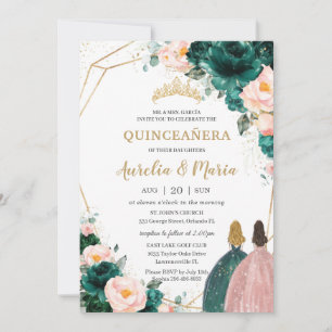 Invitation Jonction Quinceañera Emerald Green Blush Floral