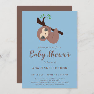 Invitation Jote Baby shower Sloth Boy Bleu Brown Kawaii