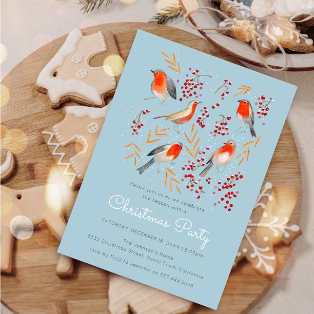 Invitation Jote Bird Rouge Robin Bleu Noël Famille de Noël (Cute Bird Red Robin Blue Christmas Family Party Invitation)