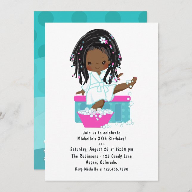 Invitation Jote Black Girl Spa Sleepover fête d'anniversaire (Devant / Derrière)
