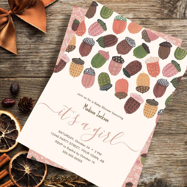 Invitation Jote Fall Pink Acorns fille Baby shower Party (Cute Fall Pink Acorns girl Baby shower Party Invitation)