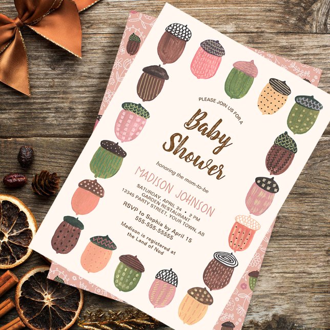 Invitation Jote Fall Rose Acorns fille Baby shower (Cute Fall Pink Acorns girl Baby Shower Invitation)