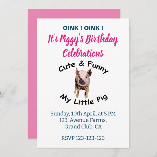 Invitation Jote Funny Pig's Birthday Farm Animal Party (Devant / Derrière)