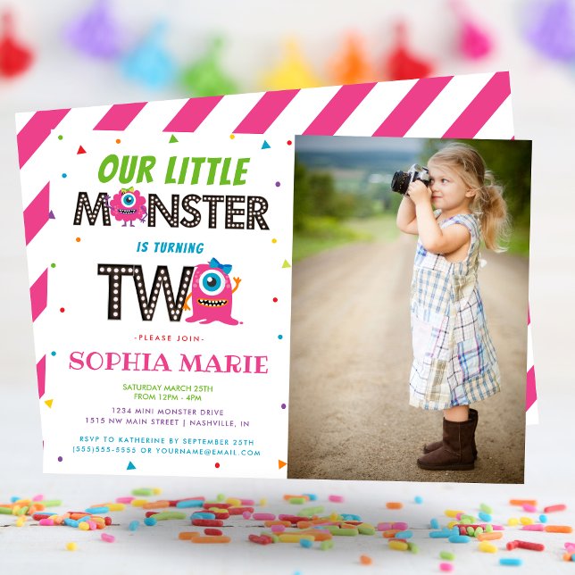Invitation Jote Girls Pink Monster 2e anniversaire de la fête (Cute Girls Pink Monster 2nd Birthday Party Photo Invitation)