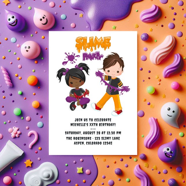 Invitation Jote Kids Slime Party Anniversaire Photo (Cute Kids Slime Party Birthday Photo Invitation)
