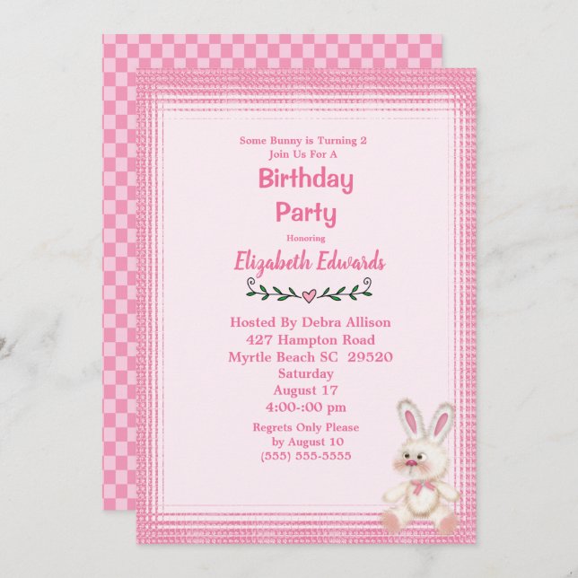 Invitation Jote Lapin Lapin Fête d'Anniversaire (Devant / Derrière)