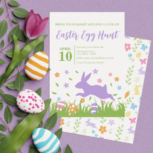 Invitation Jote lapin pourpre Vert Floral Chasse aux oeufs de