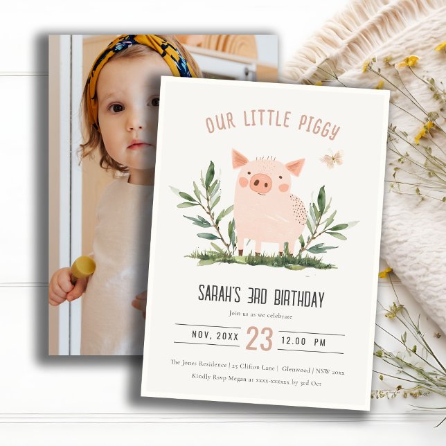 Invitation Jote Little Piggy Kids Farm Pig Photo Anniversaire (Créateur téléchargé)