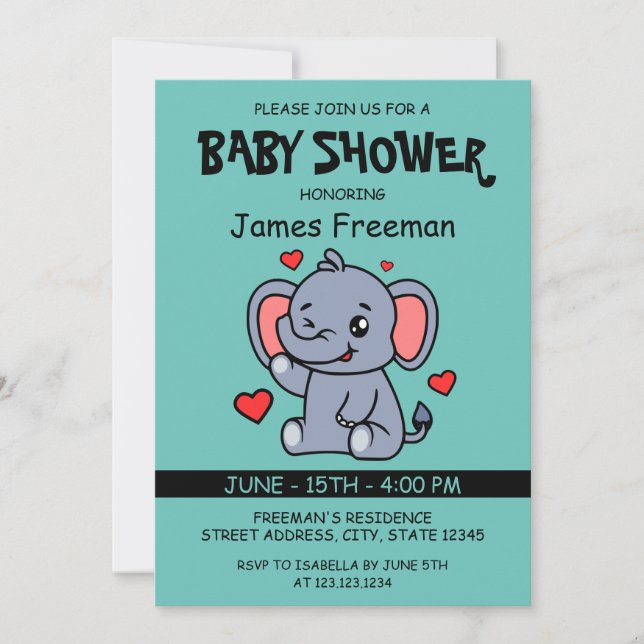 Invitation Jote lumière Turquoise Vector Boy Elephant Baby sh (Devant)