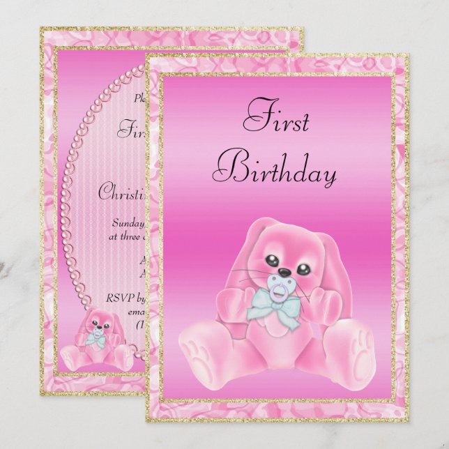 Invitation Jote Pink Floppy Oars Bunny Premier anniversaire (Devant / Derrière)