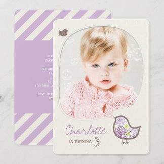 Invitation Jote Purple Damask Bird Girl Photo Anniversaire