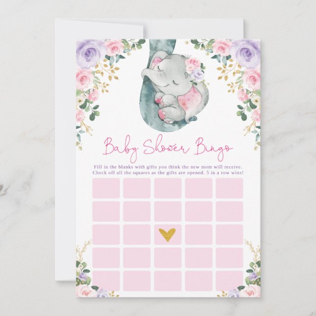 Invitation Jote rose violet Eléphant Baby shower Jeu (Devant)
