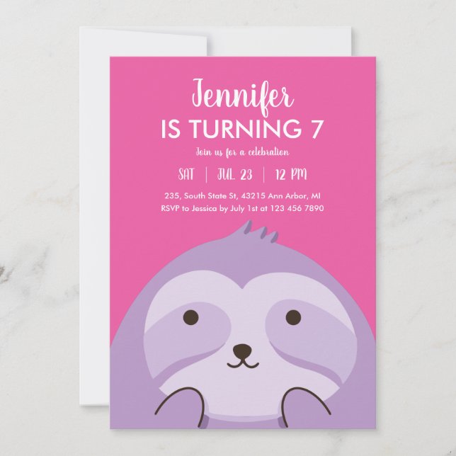 Invitation Jote Sloth Cartoon violet rose Anniversaire de enf (Devant)