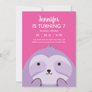 Invitation Jote Sloth Cartoon violet rose Anniversaire de enf