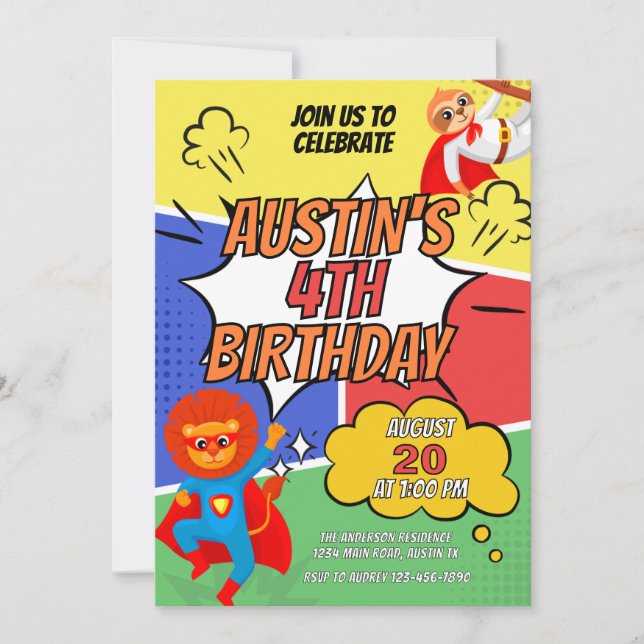 Invitation Jote Sloth Superhero fête d'anniversaire (Devant)